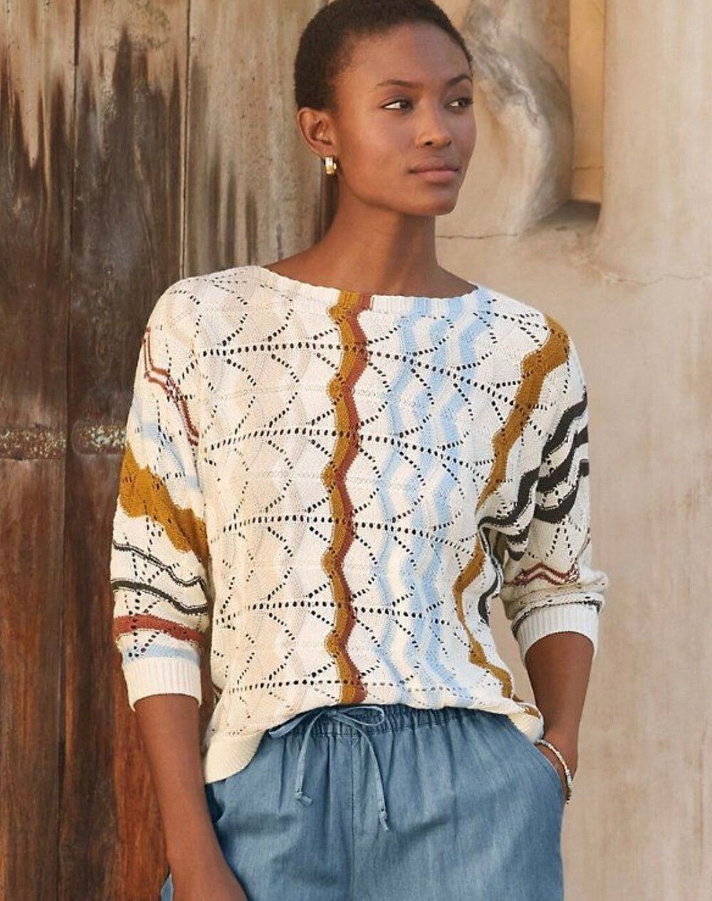 Garnet Hill Crochet Knit Striped Sweater Women Small White Linen Blend Aztec